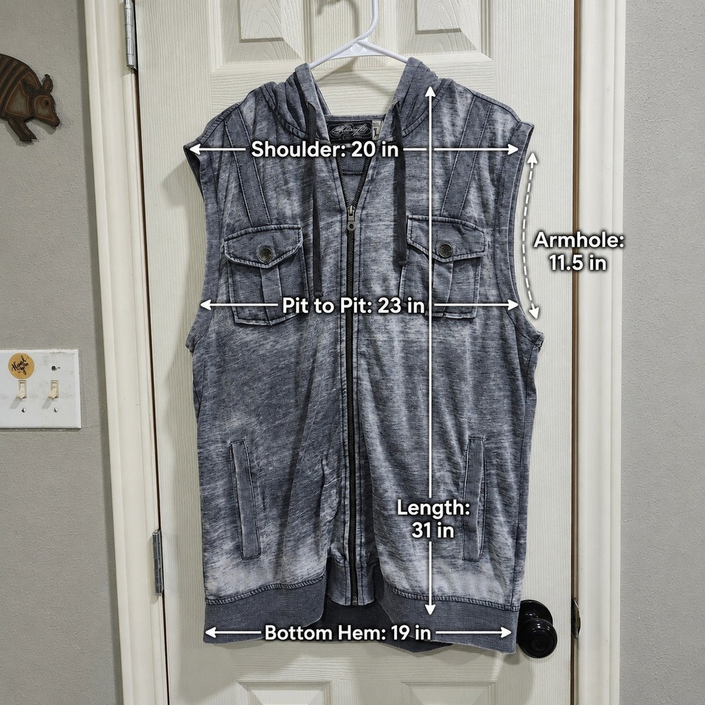 Retrofit Mens Gray Mineral Wash Sleeveless Full Zip Hoodie Vest Size Large - Picture 8 of 8